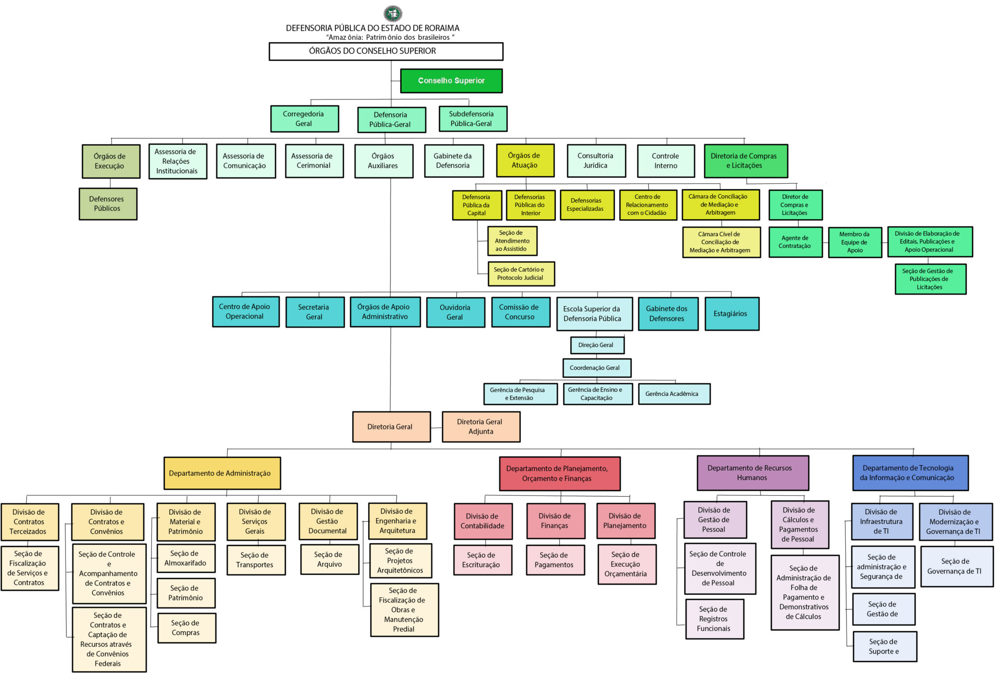 Organograma da Defensoria Pública do Estado de Roraima, mostrando a hierarquia do Conselho Superior, Defensoria Pública-Geral, órgãos de execução, consultoria, controle interno e departamentos administrativos como Administração, Finanças, Recursos Humanos e Tecnologia da Informação.